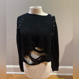 Black Sweater with Distressed Safety Pin Design